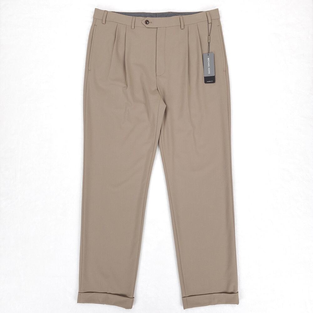 Michael Kors Mens Classic Fit Dress Pants 42x30 Tan Solid Stretch Pleated NWT